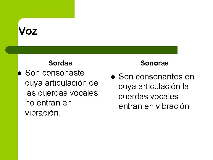 Voz Sordas l Son consonaste cuya articulación de las cuerdas vocales no entran en