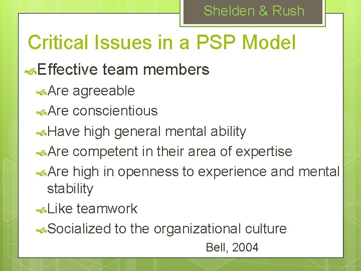 Shelden & Rush Critical Issues in a PSP Model Effective team members Are agreeable