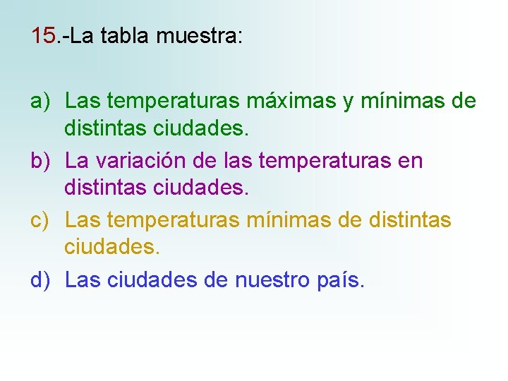15. -La tabla muestra: a) Las temperaturas máximas y mínimas de distintas ciudades. b) 15. -La tabla muestra: a) Las temperaturas máximas y mínimas de distintas ciudades. b)