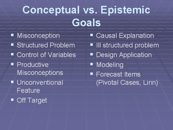Conceptual vs. Epistemic Goals § § Misconception Structured Problem Control of Variables Productive Misconceptions Conceptual vs. Epistemic Goals § § Misconception Structured Problem Control of Variables Productive Misconceptions
