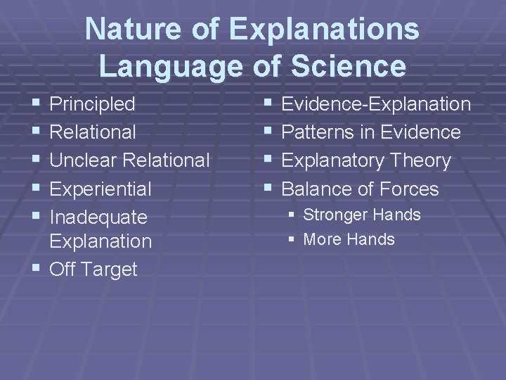 Nature of Explanations Language of Science § § § Principled Relational Unclear Relational Experiential Nature of Explanations Language of Science § § § Principled Relational Unclear Relational Experiential