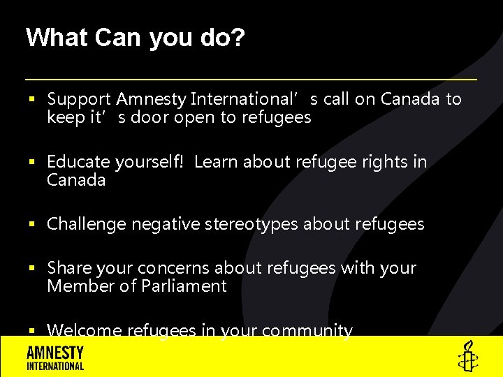 What Can you do? § Support Amnesty International’s call on Canada to keep it’s