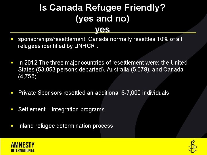 Is Canada Refugee Friendly? (yes and no) yes § sponsorships/resettlement: Canada normally resettles 10%
