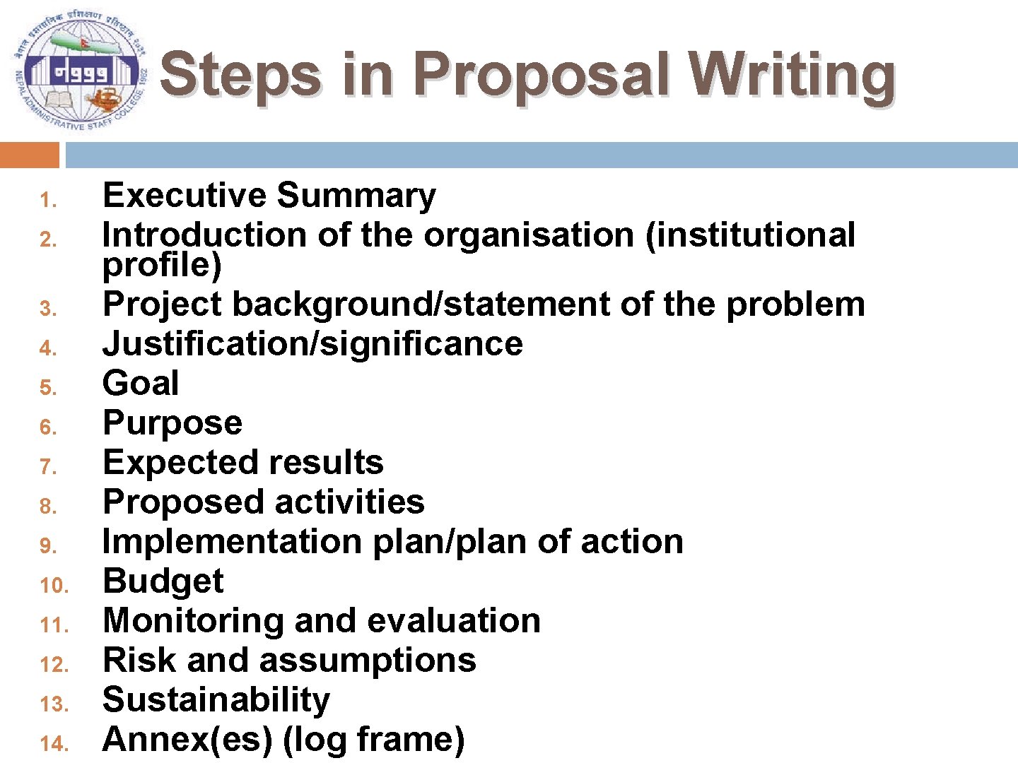 Steps in Proposal Writing 1. 2. 3. 4. 5. 6. 7. 8. 9. 10.