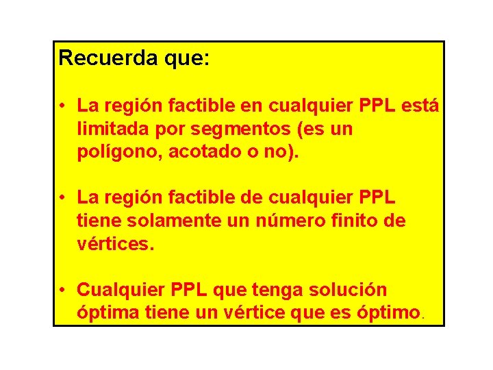 Recuerda que: • La región factible en cualquier PPL está limitada por segmentos (es