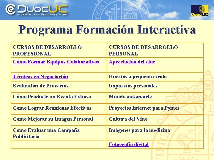 Programa Formación Interactiva CURSOS DE DESARROLLO PROFESIONAL Cómo Formar Equipos Colaborativos CURSOS DE DESARROLLO