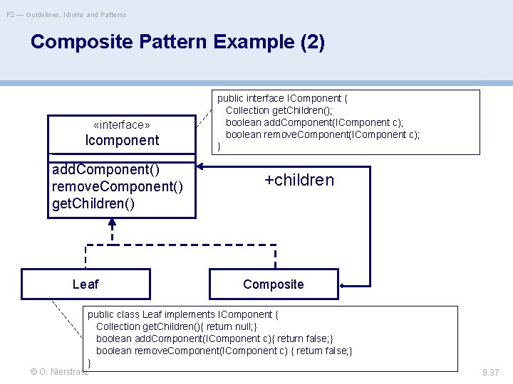 P 2 — Guidelines, Idioms and Patterns Composite Pattern Example (2) «interface» Icomponent add.