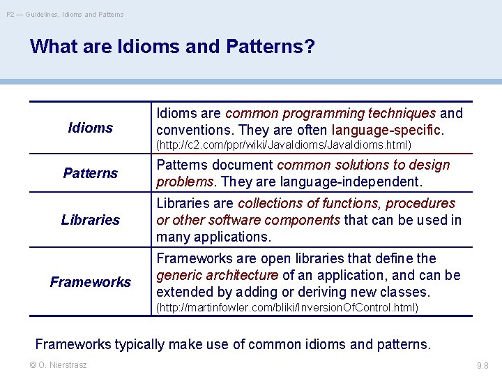 P 2 — Guidelines, Idioms and Patterns What are Idioms and Patterns? Idioms are