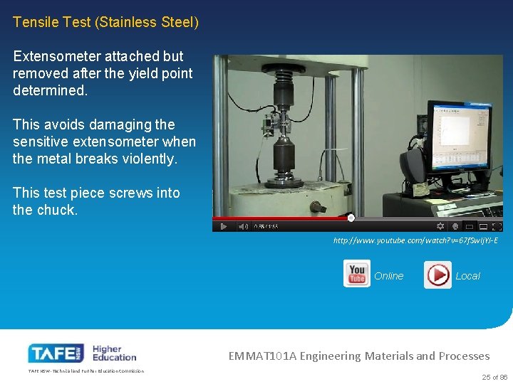Tensile Test (Stainless Steel) Extensometer attached but removed after the yield point determined. This
