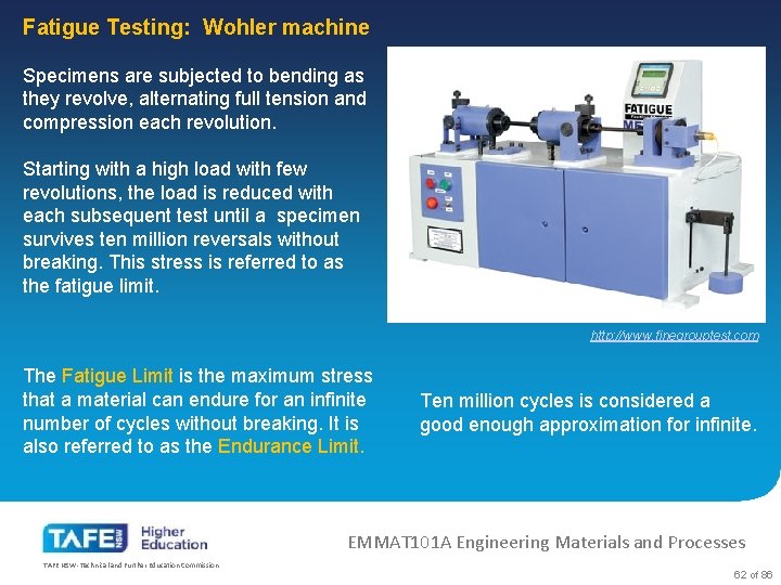 Fatigue Testing: Wohler machine Specimens are subjected to bending as they revolve, alternating full