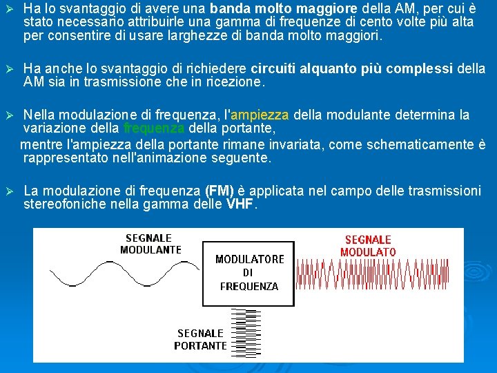 Ø Ha lo svantaggio di avere una banda molto maggiore della AM, per cui