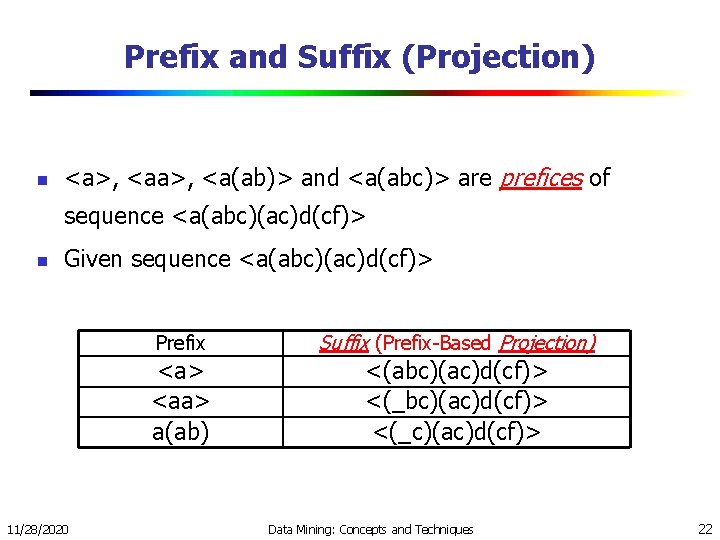Prefix and Suffix (Projection) n <a>, <a(ab)> and <a(abc)> are prefices of sequence <a(abc)(ac)d(cf)>