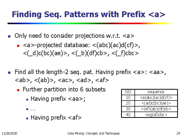 Finding Seq. Patterns with Prefix <a> n Only need to consider projections w. r.