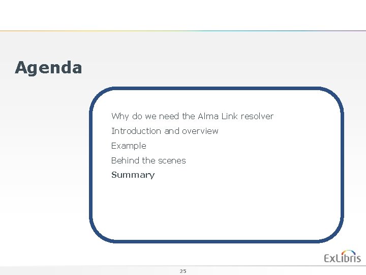 Agenda Why do we need the Alma Link resolver Introduction and overview Example Behind