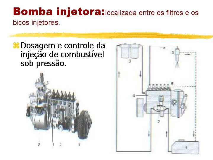 Bomba injetora: localizada entre os filtros e os bicos injetores. z Dosagem e controle