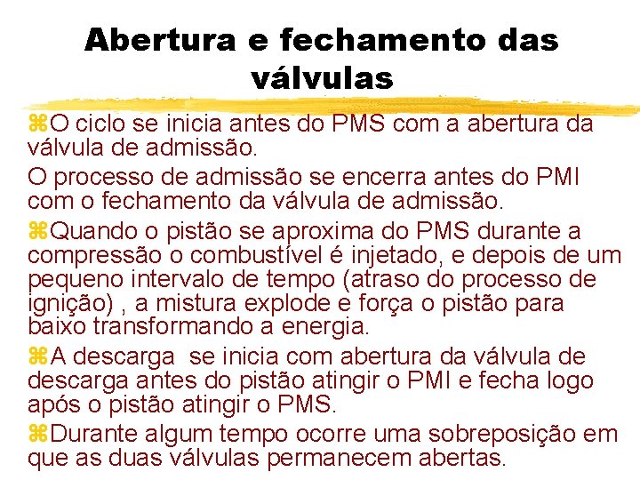 Abertura e fechamento das válvulas z. O ciclo se inicia antes do PMS com