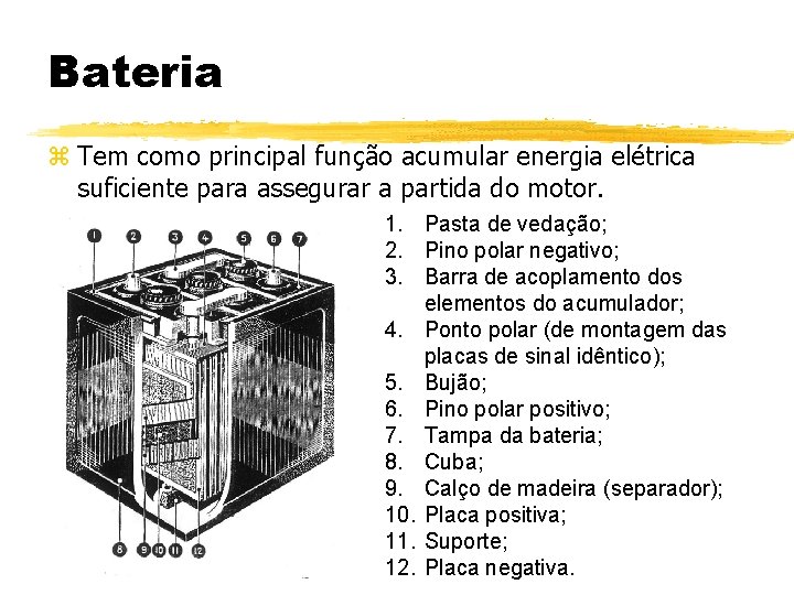 Bateria z Tem como principal função acumular energia elétrica suficiente para assegurar a partida