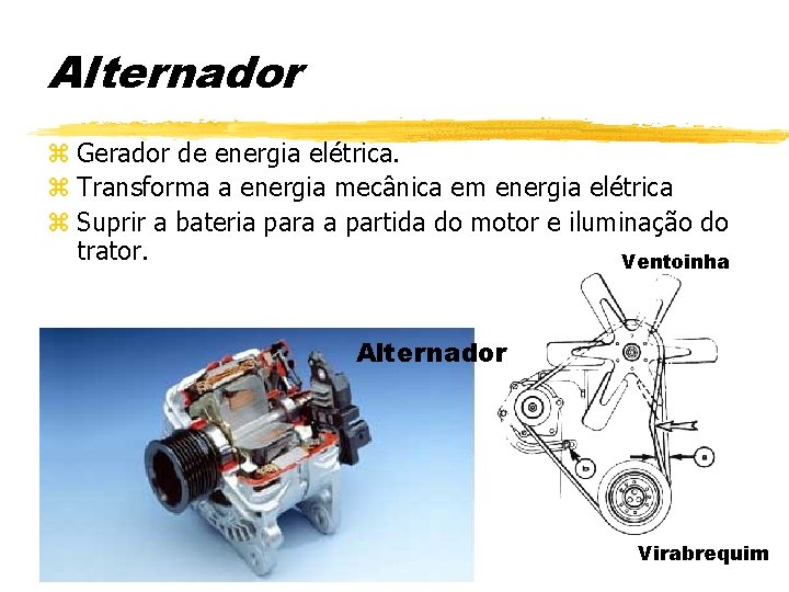 Alternador z Gerador de energia elétrica. z Transforma a energia mecânica em energia elétrica