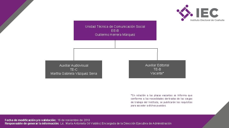 Unidad Técnica de Comunicación Social EE-B Guillermo Herrera Márquez Auxiliar Audiovisual TE-C Martha Gabriela