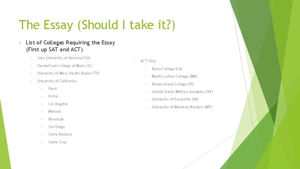 The Essay (Should I take it? ) • List of Colleges Requiring the Essay