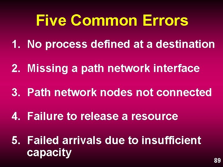 Five Common Errors 1. No process defined at a destination 2. Missing a path