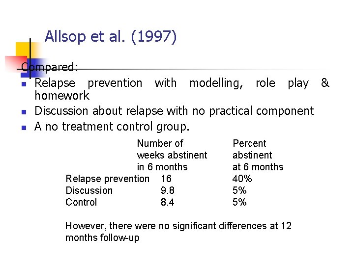 Allsop et al. (1997) Compared: n Relapse prevention with modelling, role play & homework