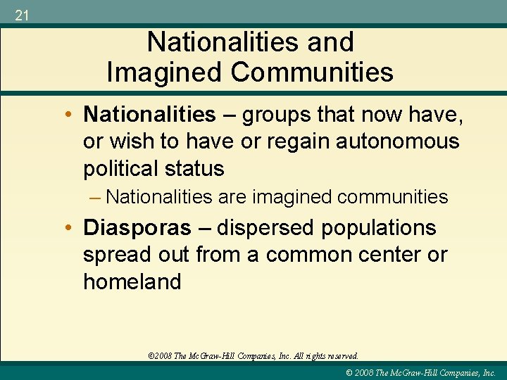 21 Nationalities and Imagined Communities • Nationalities – groups that now have, or wish
