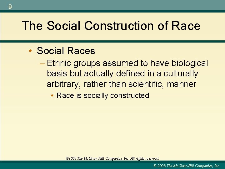 9 The Social Construction of Race • Social Races – Ethnic groups assumed to