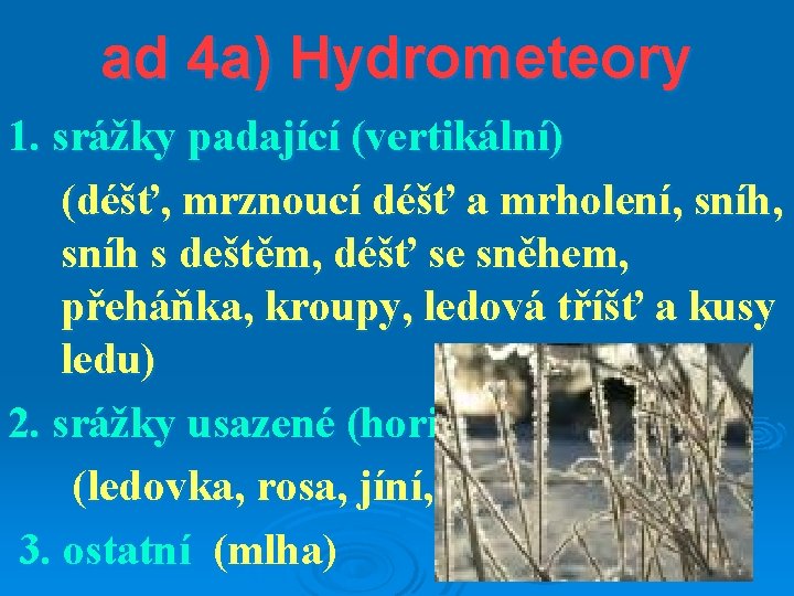 ad 4 a) Hydrometeory 1. srážky padající (vertikální) (déšť, mrznoucí déšť a mrholení, sníh
