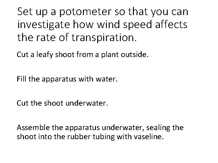 Set up a potometer so that you can investigate how wind speed affects the