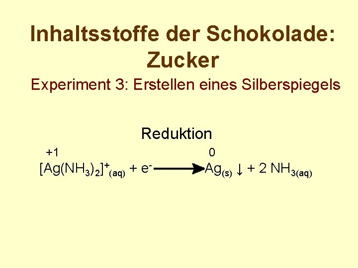 Inhaltsstoffe der Schokolade: Zucker Experiment 3: Erstellen eines Silberspiegels Reduktion +1 [Ag(NH 3)2]+(aq) +