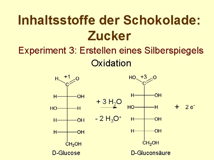 Inhaltsstoffe der Schokolade: Zucker Experiment 3: Erstellen eines Silberspiegels Oxidation + 3 H 2