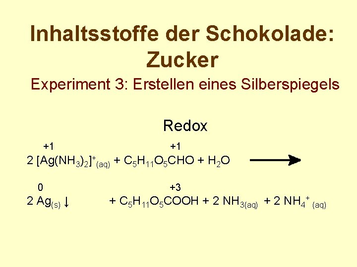 Inhaltsstoffe der Schokolade: Zucker Experiment 3: Erstellen eines Silberspiegels Redox +1 +1 2 [Ag(NH