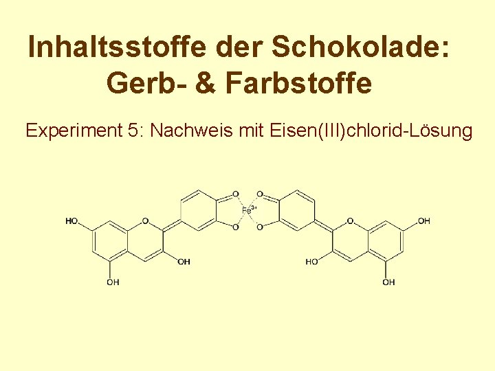 Inhaltsstoffe der Schokolade: Gerb- & Farbstoffe Experiment 5: Nachweis mit Eisen(III)chlorid-Lösung 