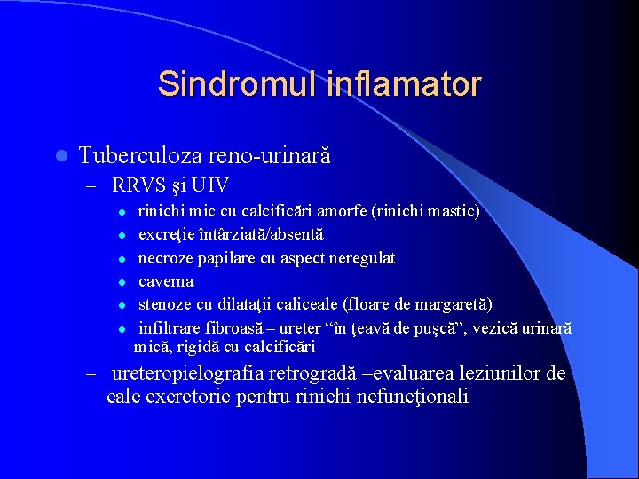 Sindromul inflamator l Tuberculoza reno-urinară – RRVS şi UIV l l l rinichi mic