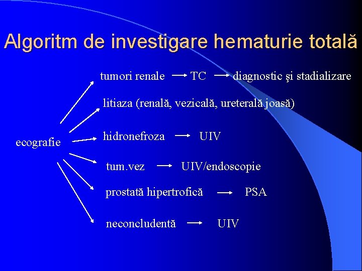 Algoritm de investigare hematurie totală tumori renale TC diagnostic şi stadializare litiaza (renală, vezicală,