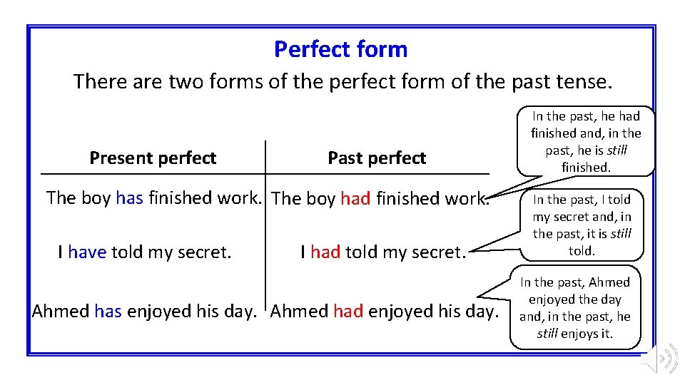 Perfect form There are two forms of the perfect form of the past tense.