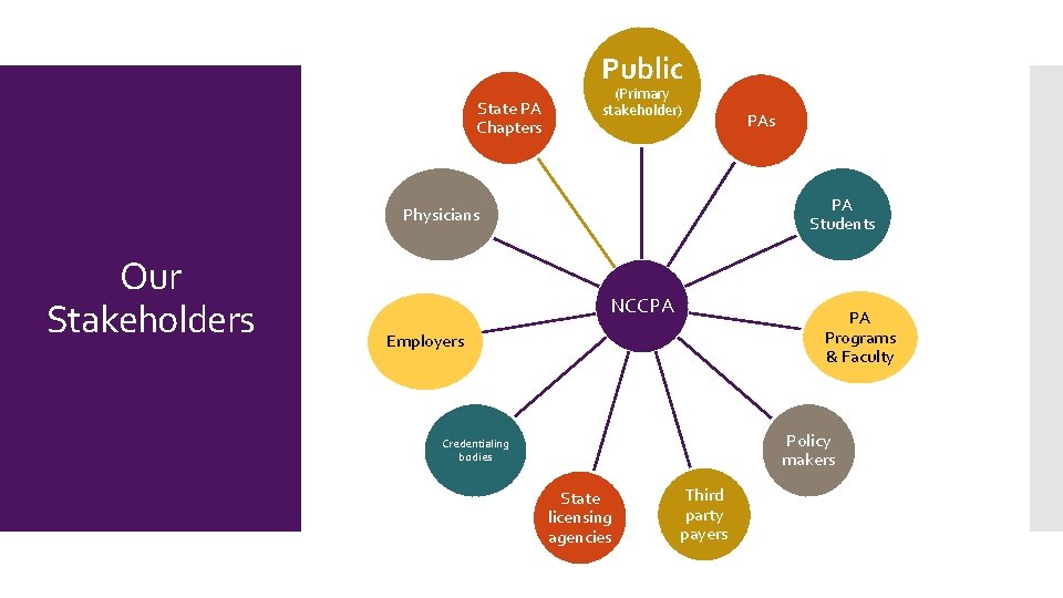 Public State PA Chapters (Primary stakeholder) PA Students Physicians Our Stakeholders PAs NCCPA PA