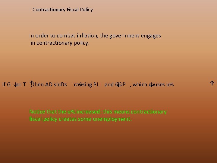 Contractionary Fiscal Policy In order to combat inflation, the government engages in contractionary policy.