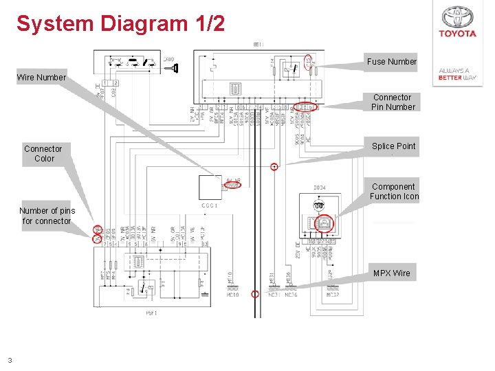 System Diagram 1/2 Fuse Number Wire Number Connector Pin Number Connector Color Splice Point