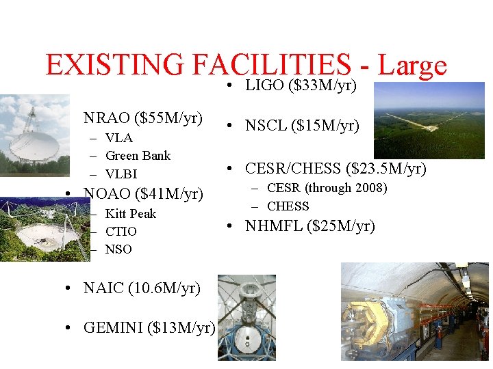 EXISTING FACILITIES - Large • LIGO ($33 M/yr) • NRAO ($55 M/yr) – VLA