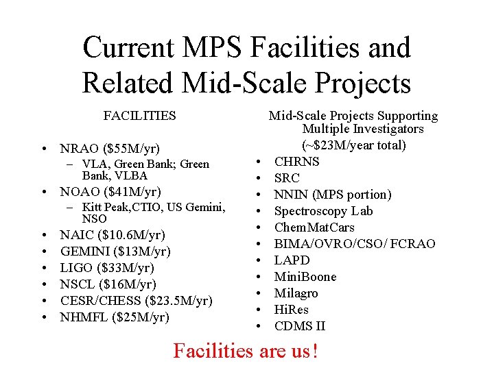 Current MPS Facilities and Related Mid-Scale Projects FACILITIES • NRAO ($55 M/yr) – VLA,