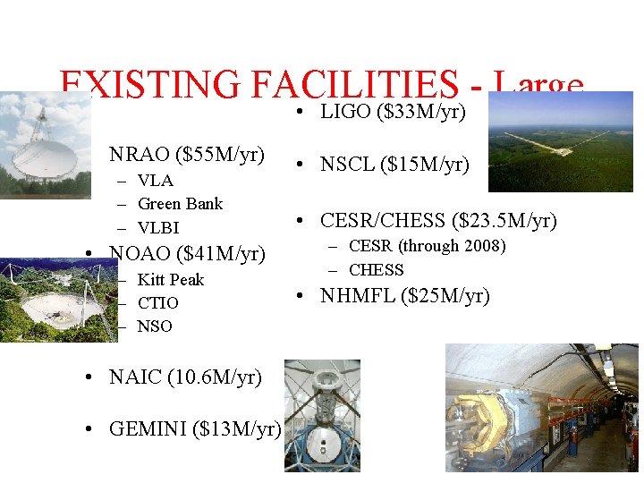 EXISTING FACILITIES - Large • LIGO ($33 M/yr) • NRAO ($55 M/yr) – VLA