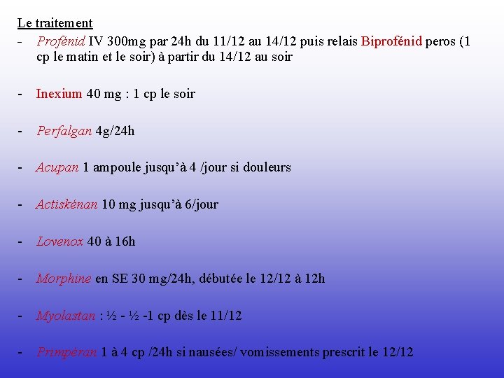 Le traitement - Profénid IV 300 mg par 24 h du 11/12 au 14/12