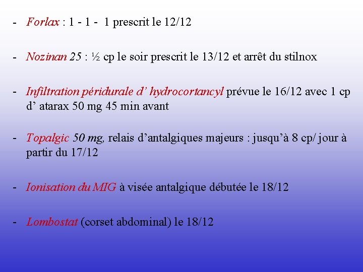 - Forlax : 1 - 1 prescrit le 12/12 - Nozinan 25 : ½