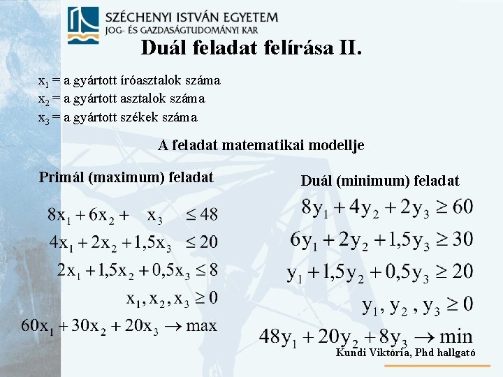 Duál feladat felírása II. x 1 = a gyártott íróasztalok száma x 2 =