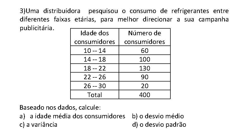 3)Uma distribuidora pesquisou o consumo de refrigerantes entre diferentes faixas etárias, para melhor direcionar