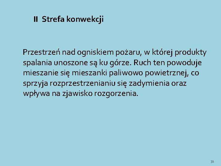 II Strefa konwekcji Przestrzeń nad ogniskiem pożaru, w której produkty spalania unoszone są ku II Strefa konwekcji Przestrzeń nad ogniskiem pożaru, w której produkty spalania unoszone są ku
