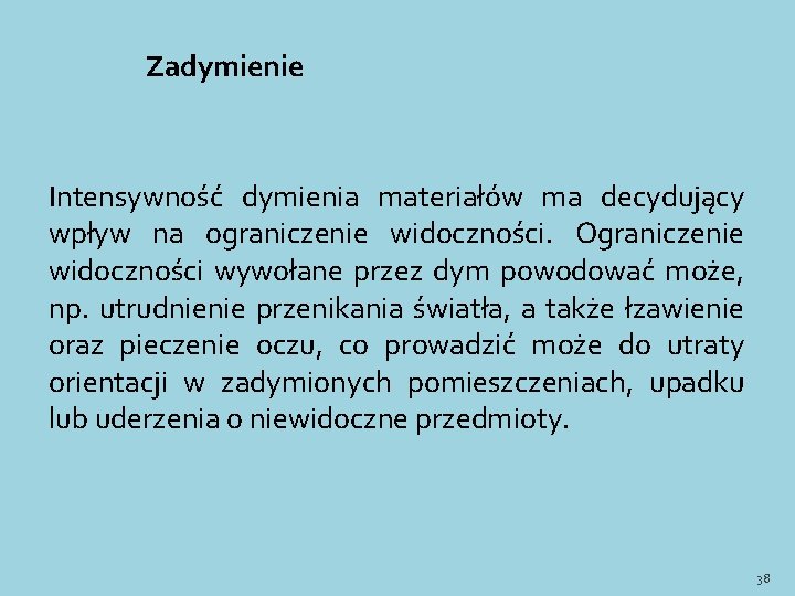 Zadymienie Intensywność dymienia materiałów ma decydujący wpływ na ograniczenie widoczności. Ograniczenie widoczności wywołane przez