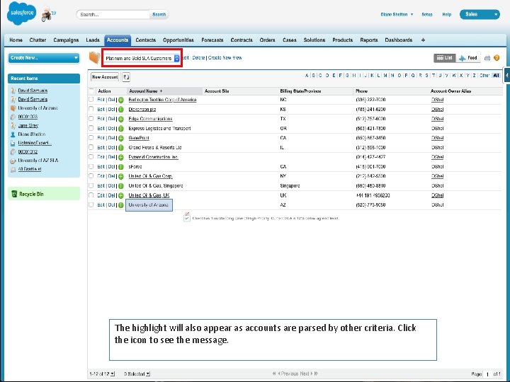 The highlight will also appear as accounts are parsed by other criteria. Click the